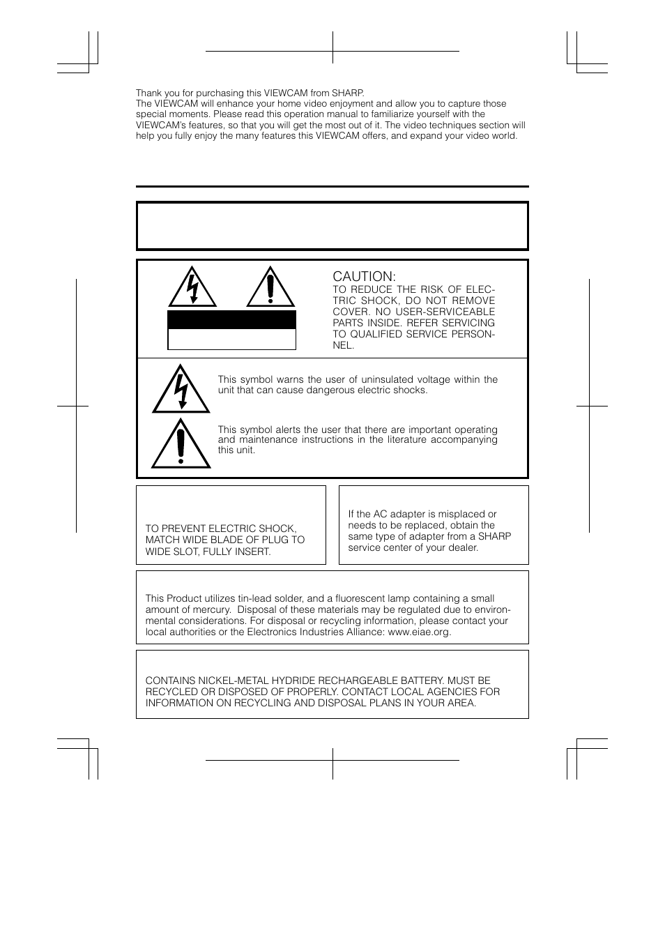 Important information for consumers in the u.s, Caution, Warning | Sharp VL-AH160U User Manual | Page 2 / 80