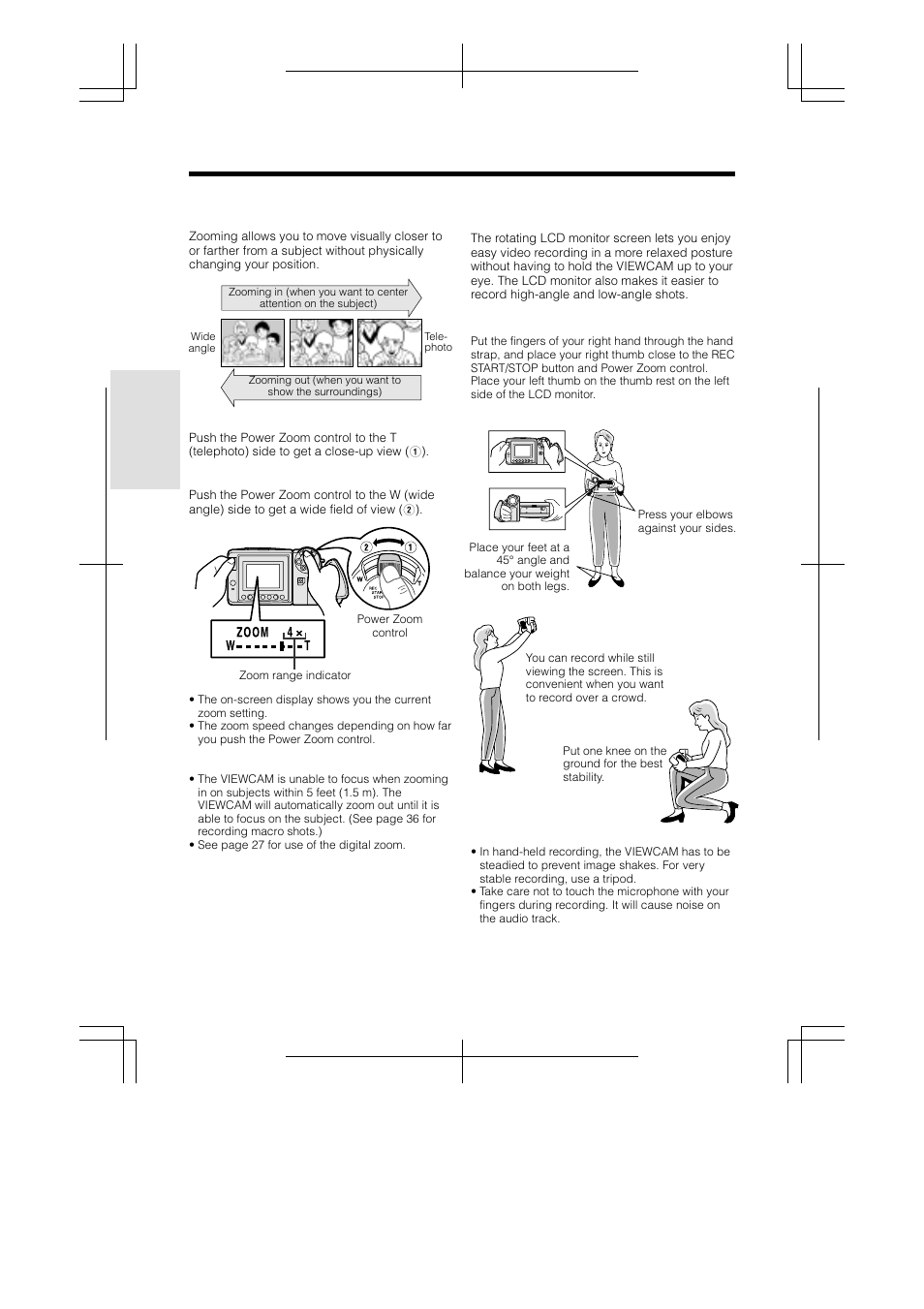 Zooming, Tips on recording positions, Basic operations camera recording | Sharp VL-AH160U User Manual | Page 28 / 80