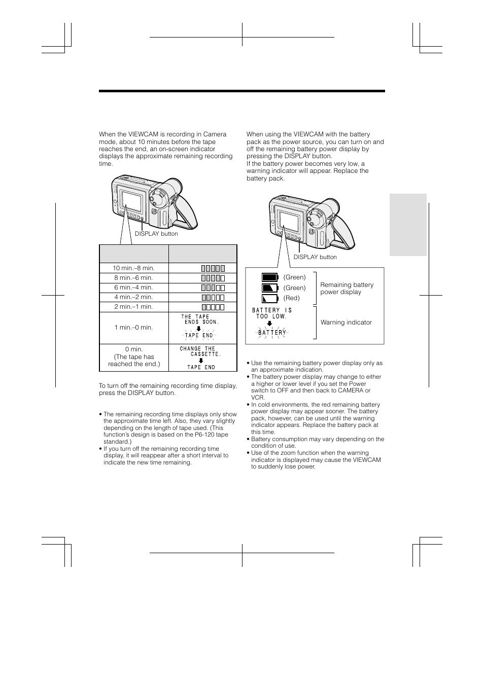 Remaining recording time display, Remaining battery power display | Sharp VL-AH160U User Manual | Page 29 / 80