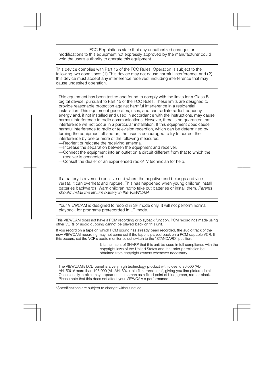Warning | Sharp VL-AH160U User Manual | Page 3 / 80