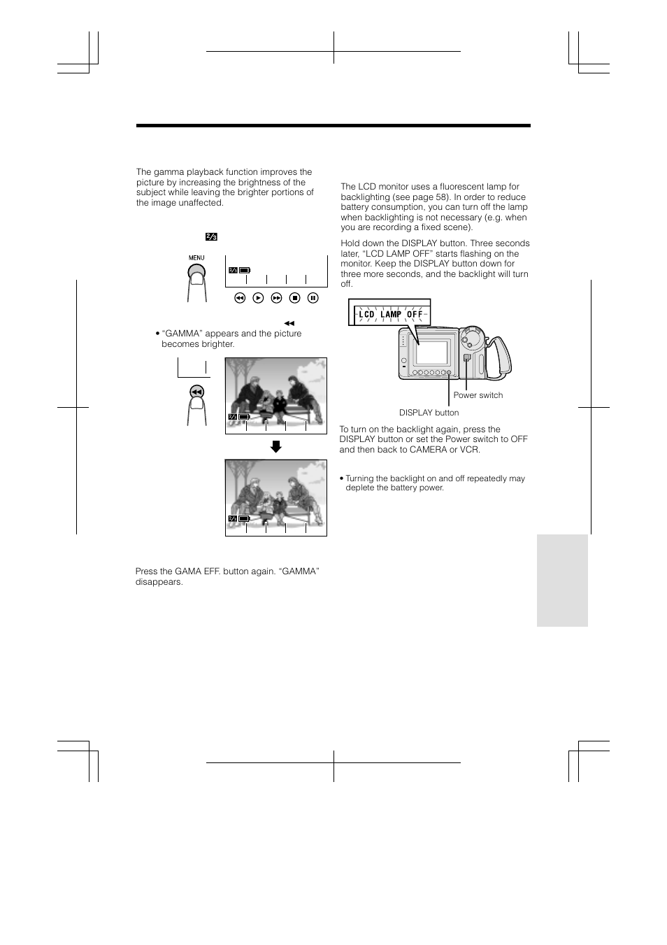 Gamma playback, Turning off the lcd monitor backlight | Sharp VL-AH160U User Manual | Page 63 / 80