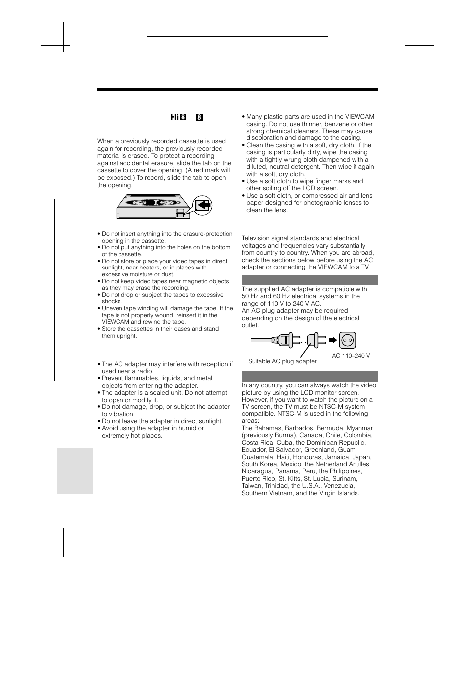 References, Cleaning, Using your viewcam abroad | Video cassette tapes, Ac adapter | Sharp VL-AH160U User Manual | Page 68 / 80