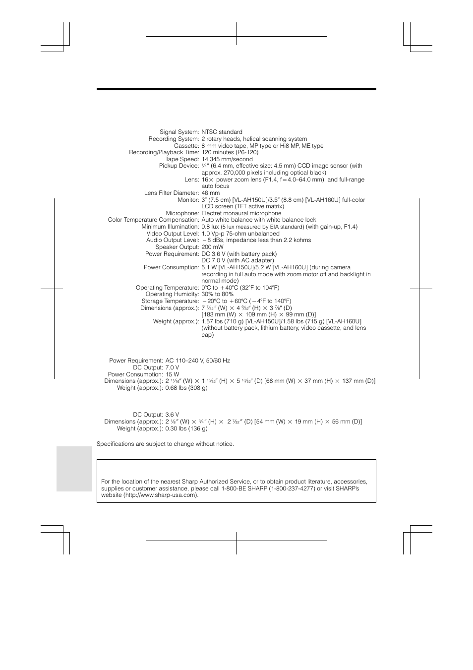 Specifications, Service information, References | For the u.s.) | Sharp VL-AH160U User Manual | Page 72 / 80