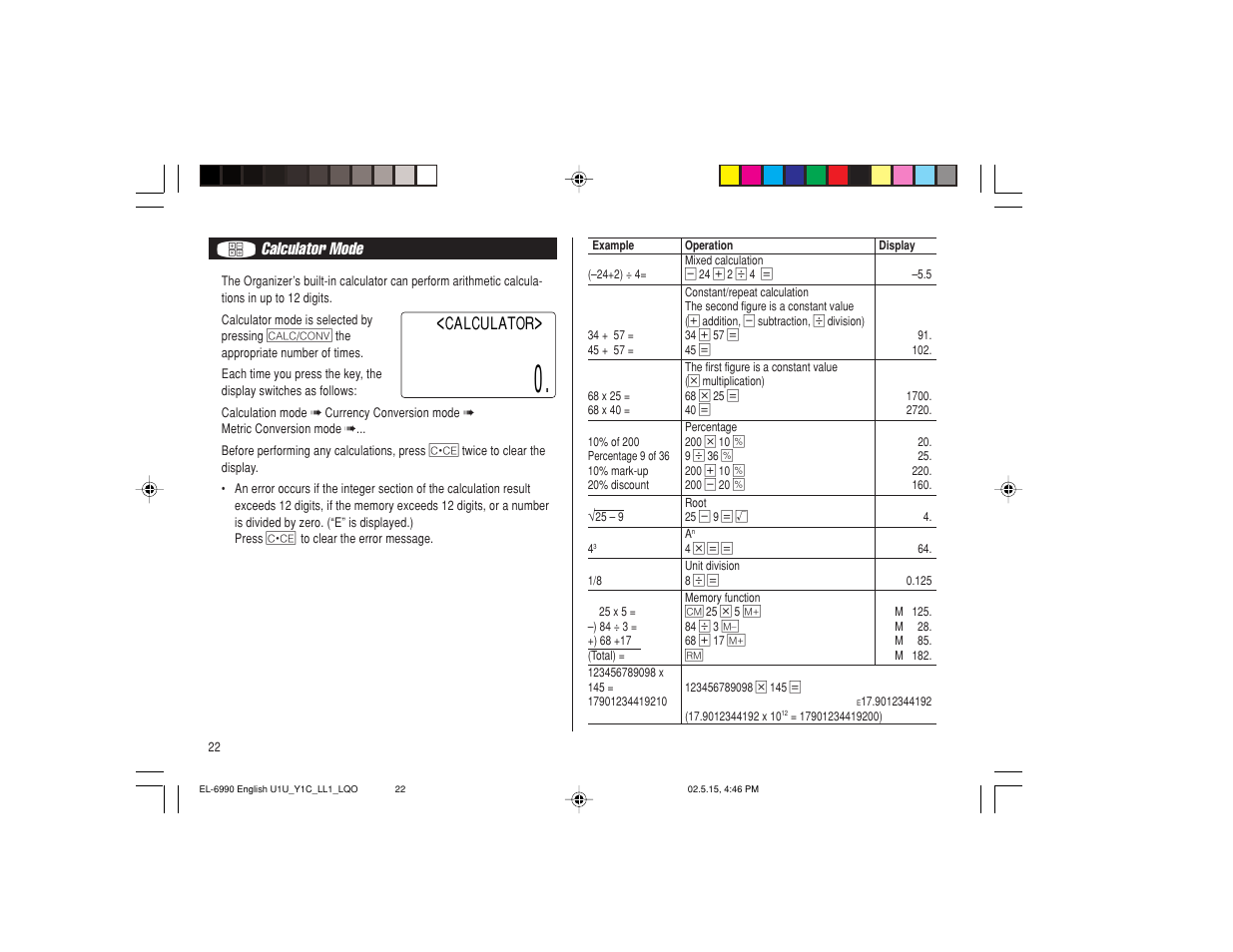 Q calculator mode, Calculator | Sharp Electronic Organizer EL-6990 User Manual | Page 24 / 36