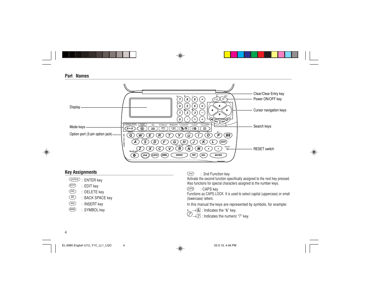 Part names, Key assignments | Sharp Electronic Organizer EL-6990 User Manual | Page 6 / 36