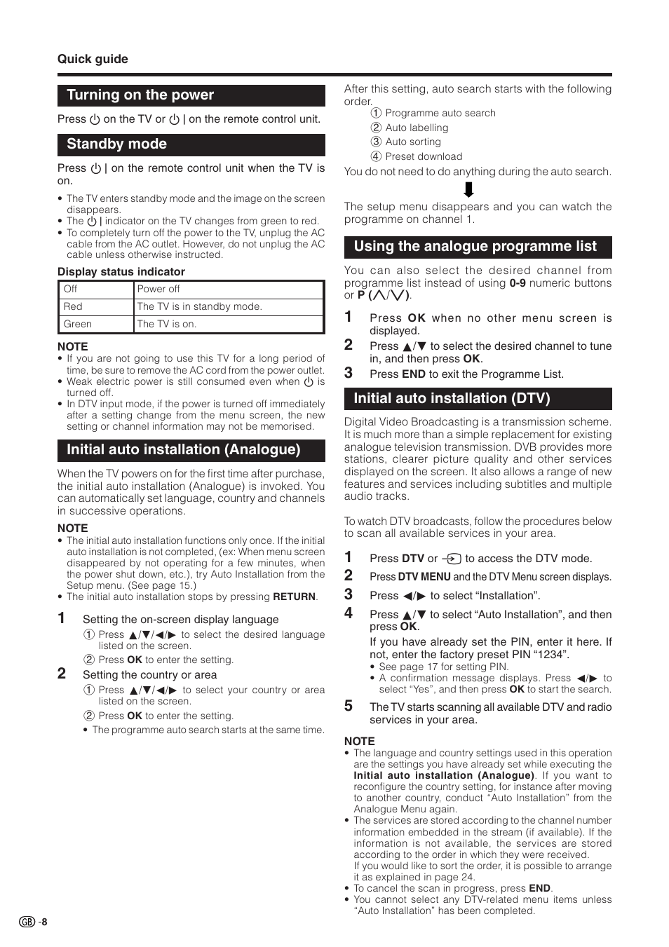 Turning on the power, Standby mode, Initial auto installation (analogue) | Using the analogue programme list, Initial auto installation (dtv) | Sharp Aquos LC 32GD9E User Manual | Page 10 / 40