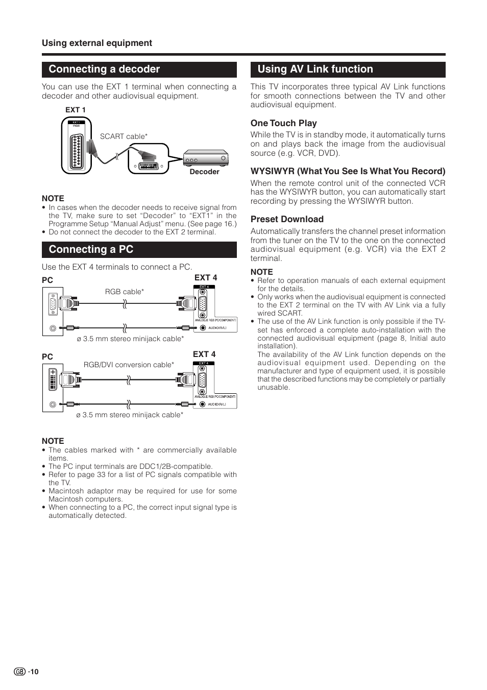 Connecting a decoder, Connecting a pc, Using av link function | Using av link function connecting a pc | Sharp Aquos LC 32GD9E User Manual | Page 12 / 40