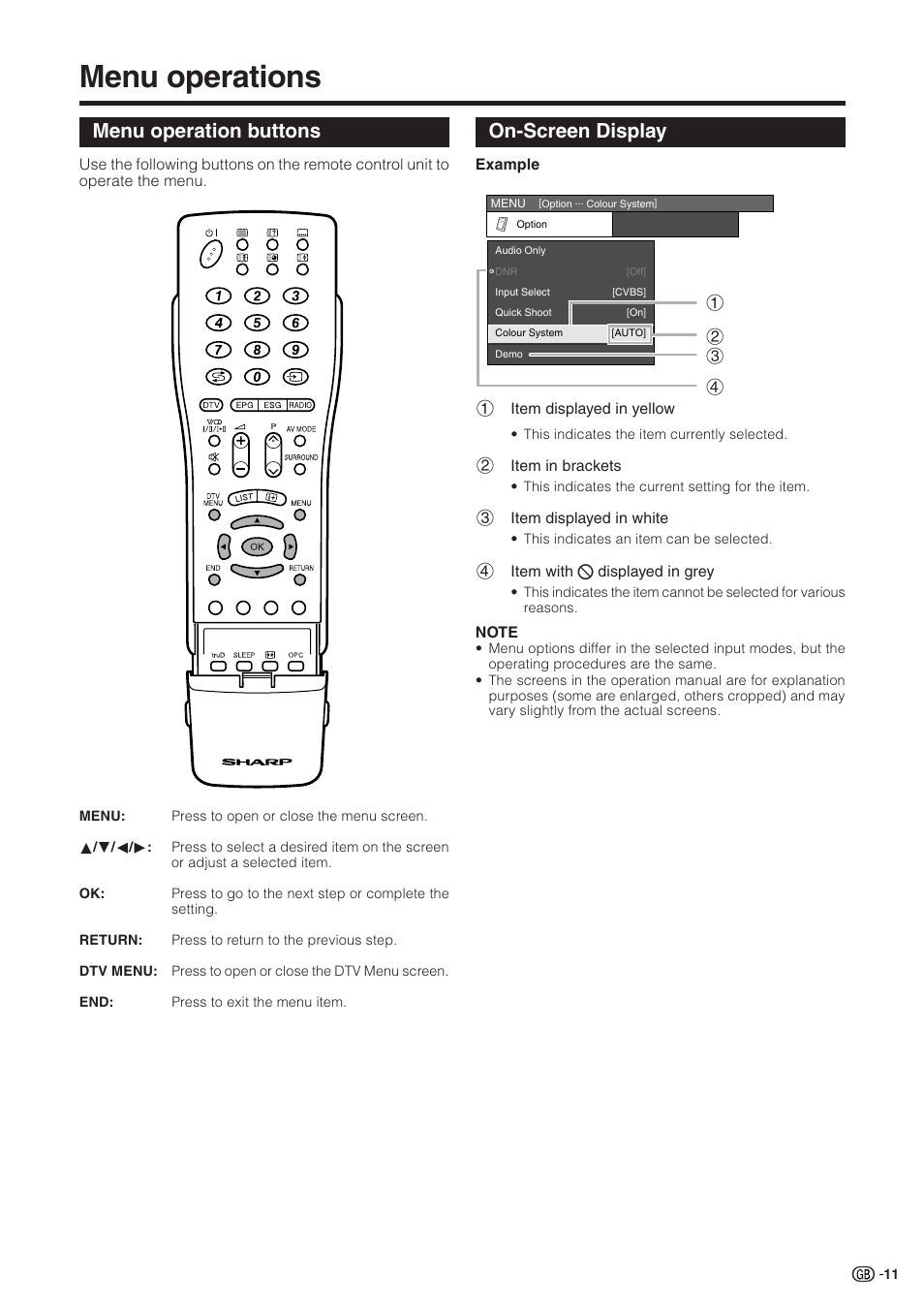 Menu operations, Menu operation buttons, On-screen display | Sharp Aquos LC 32GD9E User Manual | Page 13 / 40