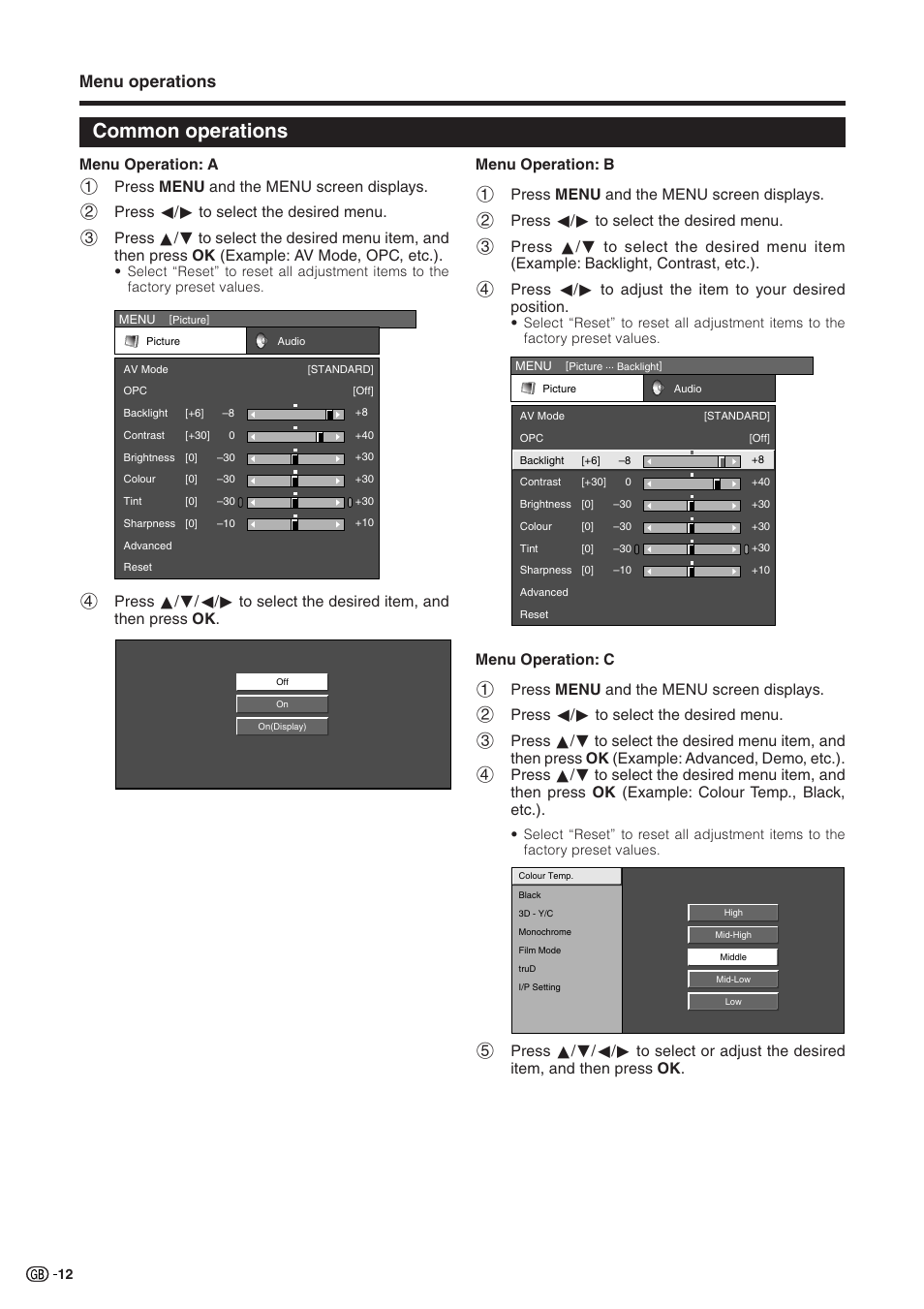 Common operations, Menu operations | Sharp Aquos LC 32GD9E User Manual | Page 14 / 40