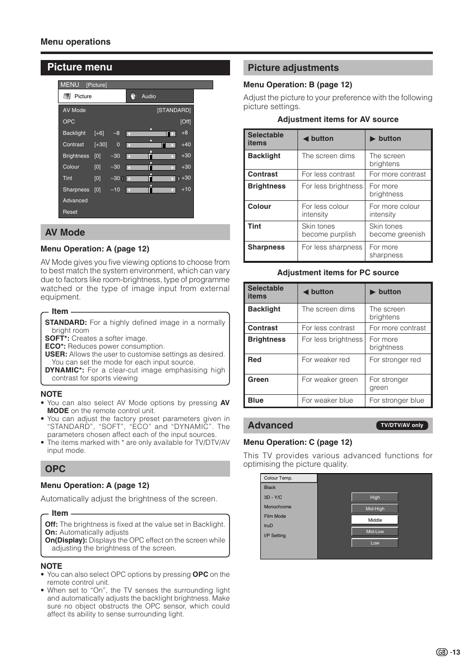 Picture menu, Av mode, Picture adjustments | Advanced, Titleb menu operations | Sharp Aquos LC 32GD9E User Manual | Page 15 / 40