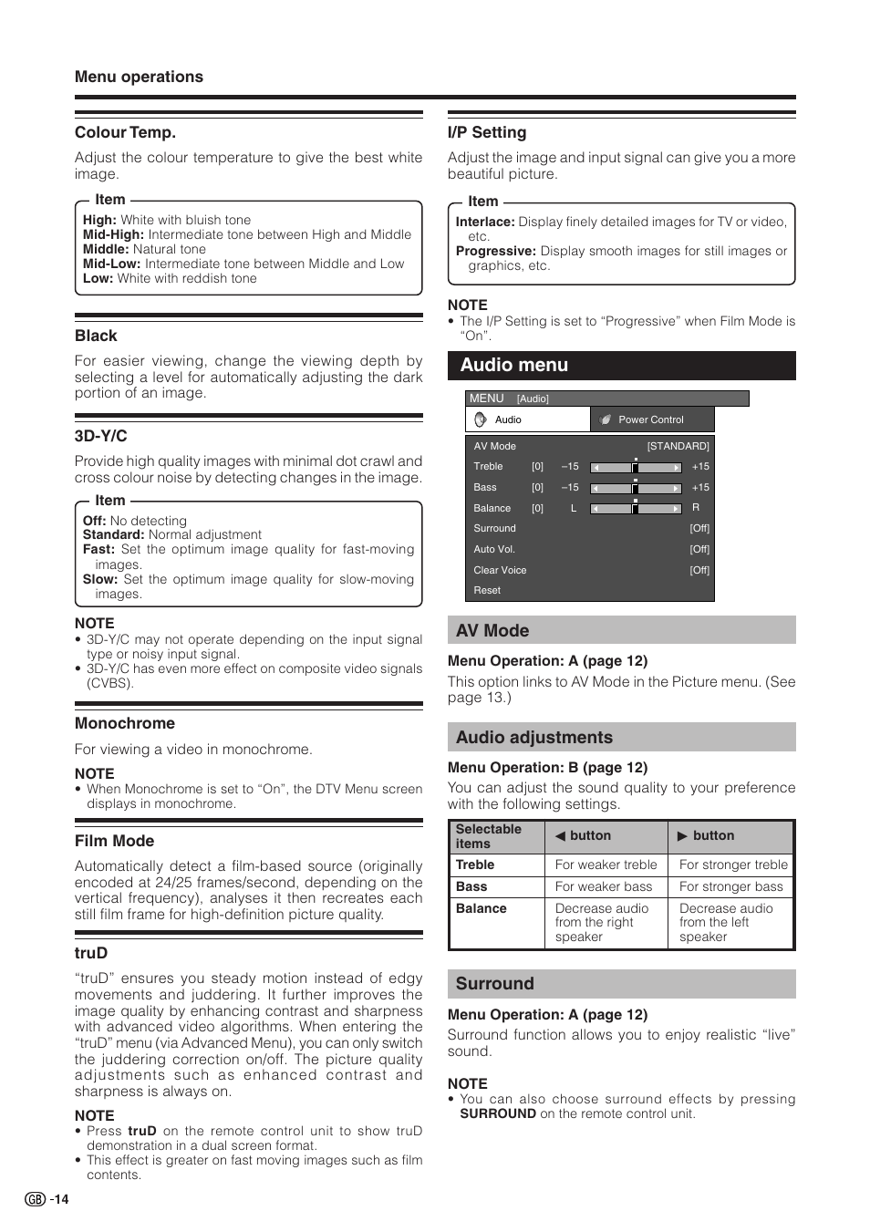 Colour temp, Black, 3d-y/c | Monochrome, Film mode, Trud, I/p setting, Audio menu, Av mode, Audio adjustments | Sharp Aquos LC 32GD9E User Manual | Page 16 / 40