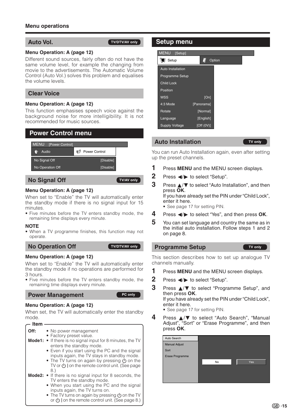 Auto vol, Clear voice, Power control menu | No signal off, No operation off, Power management, Setup menu, Auto installation, Programme setup | Sharp Aquos LC 32GD9E User Manual | Page 17 / 40