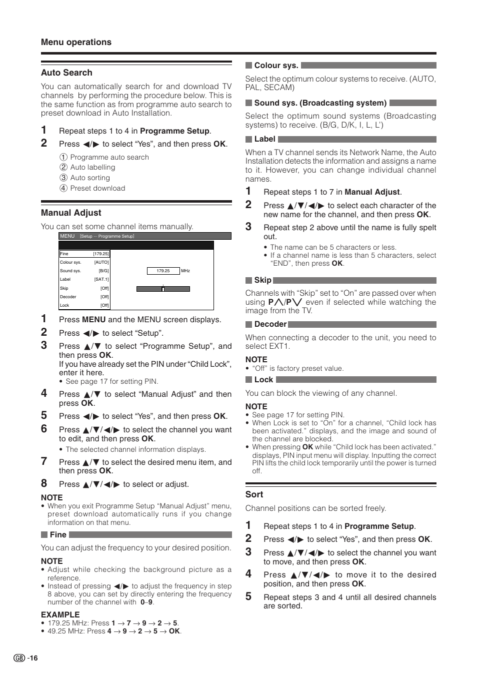 Auto search, Manual adjust, Fine | Colour sys, Sound sys. (broadcasting system), Label, Skip, Decoder, Lock, Sort | Sharp Aquos LC 32GD9E User Manual | Page 18 / 40