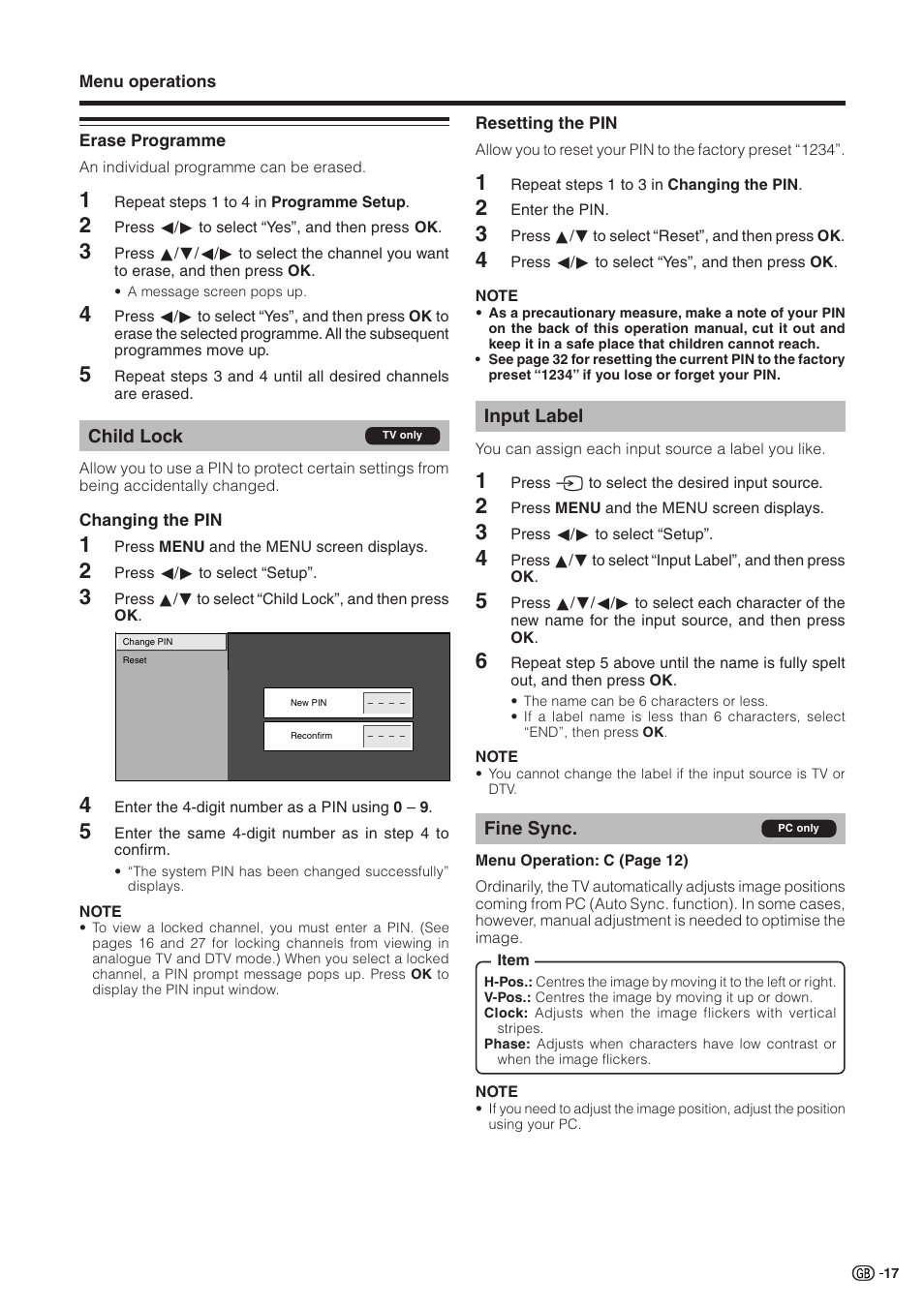 Erase programme, Child lock, Input label | Fine sync | Sharp Aquos LC 32GD9E User Manual | Page 19 / 40