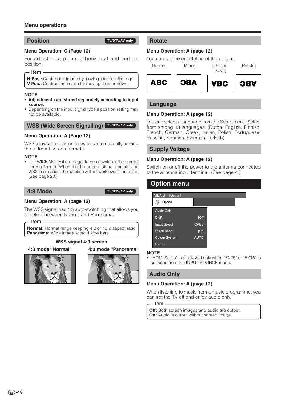 Position, Wss (wide screen signalling), 3 mode | Rotate, Language, Supply voltage, Option menu, Audio only | Sharp Aquos LC 32GD9E User Manual | Page 20 / 40