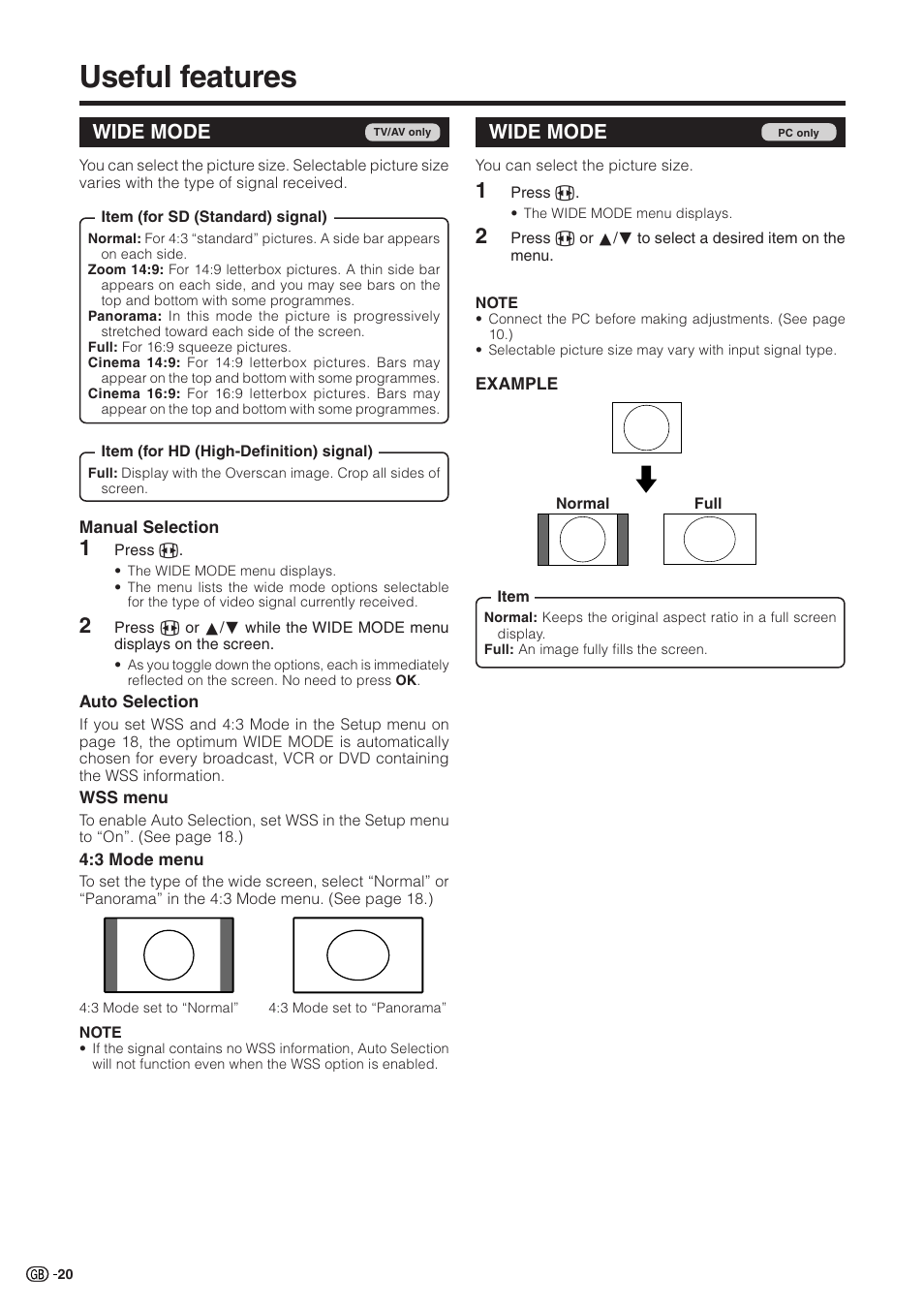 Useful features, Wide mode | Sharp Aquos LC 32GD9E User Manual | Page 22 / 40