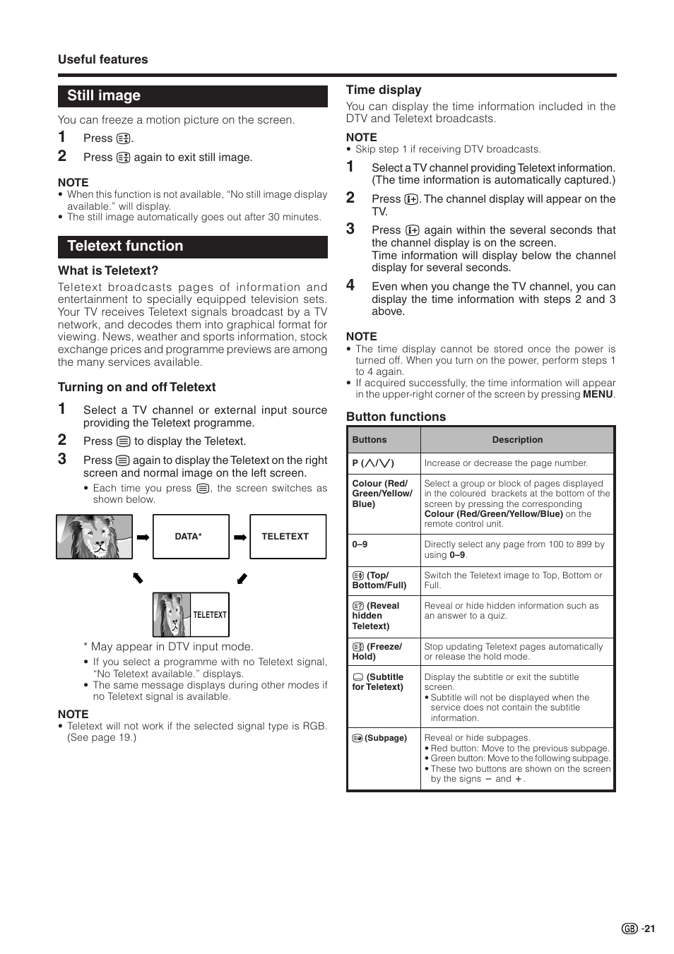 Still image, Teletext function | Sharp Aquos LC 32GD9E User Manual | Page 23 / 40