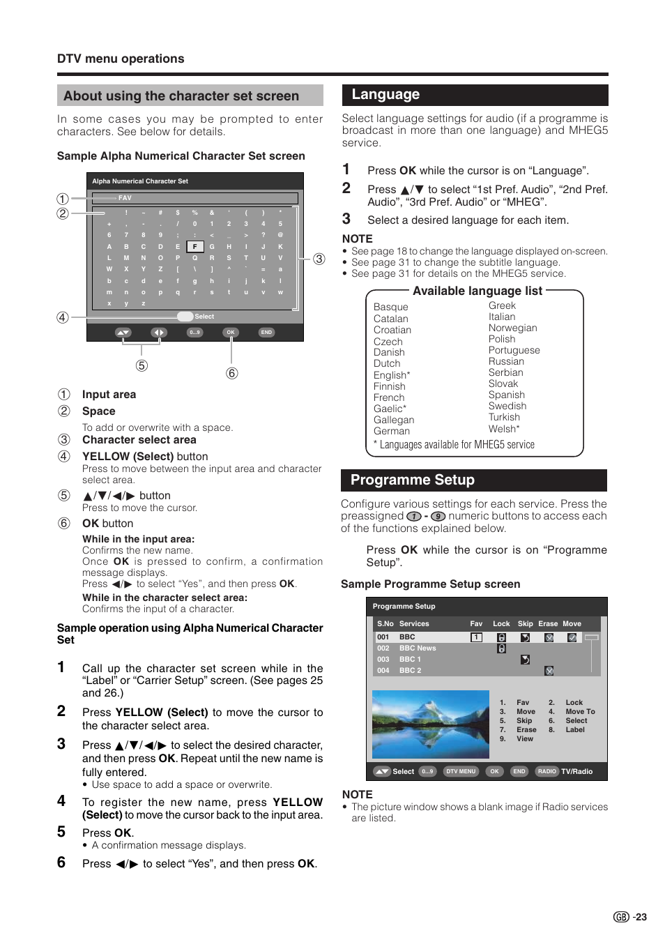 About using the character set screen, Language, Programme setup | Dtv menu operations, Available language list, 1input area 2 space, 3character select area 4 yellow (select) button, 5a/b/c/d button, 6ok button, Languages available for mheg5 service | Sharp Aquos LC 32GD9E User Manual | Page 25 / 40