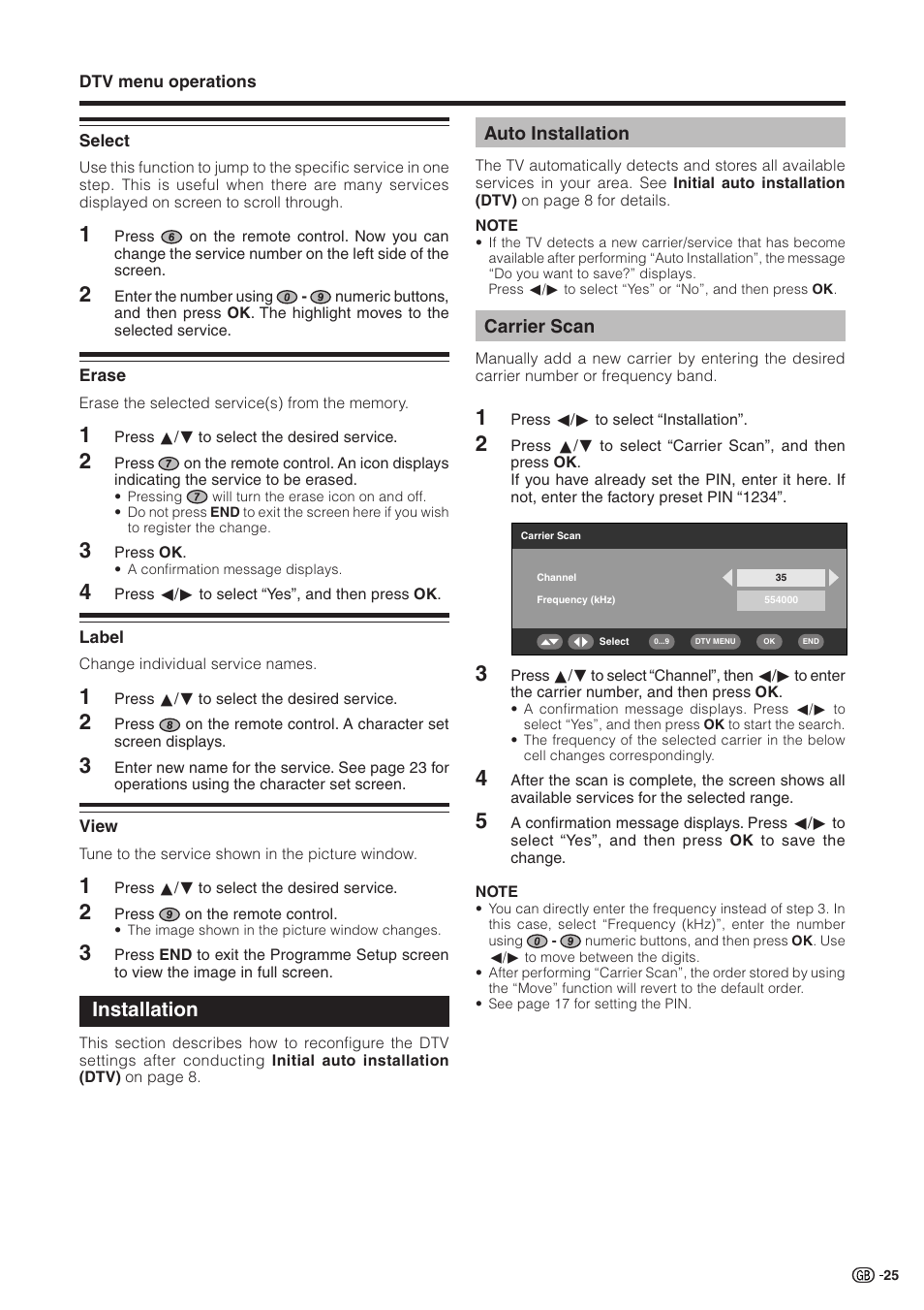 Select, Erase, Label | View, Installation, Auto installation, Carrier scan | Sharp Aquos LC 32GD9E User Manual | Page 27 / 40