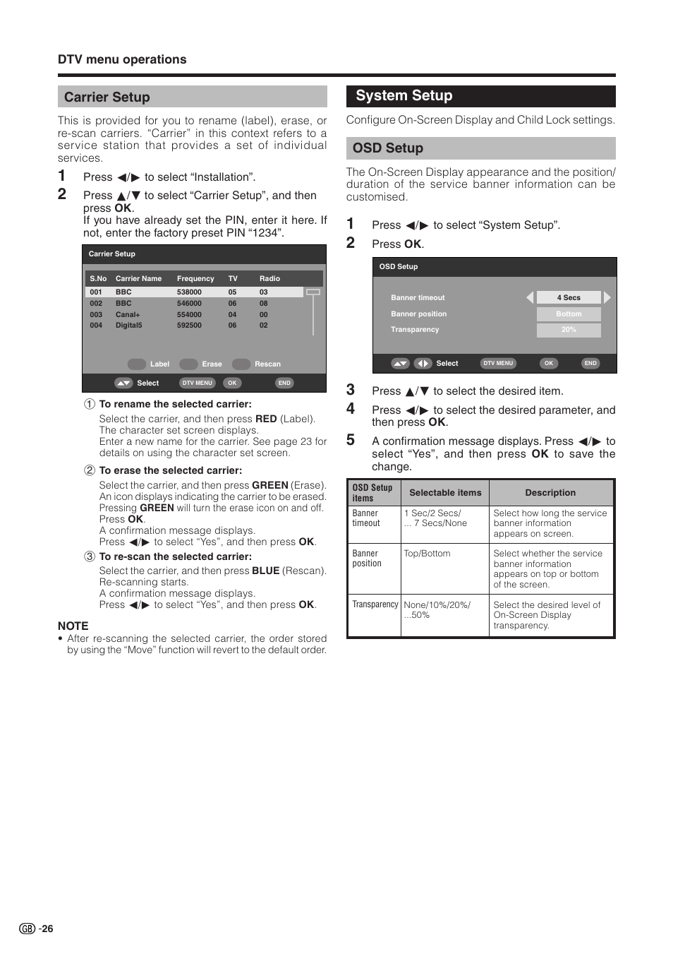 Carrier setup, System setup, Osd setup | Dtv menu operations | Sharp Aquos LC 32GD9E User Manual | Page 28 / 40