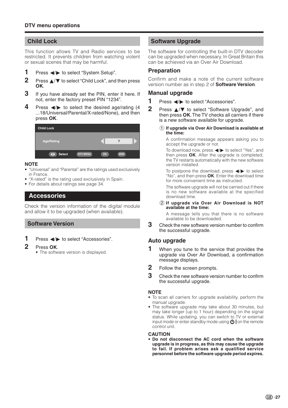 Child lock, Accessories, Software version | Software upgrade | Sharp Aquos LC 32GD9E User Manual | Page 29 / 40