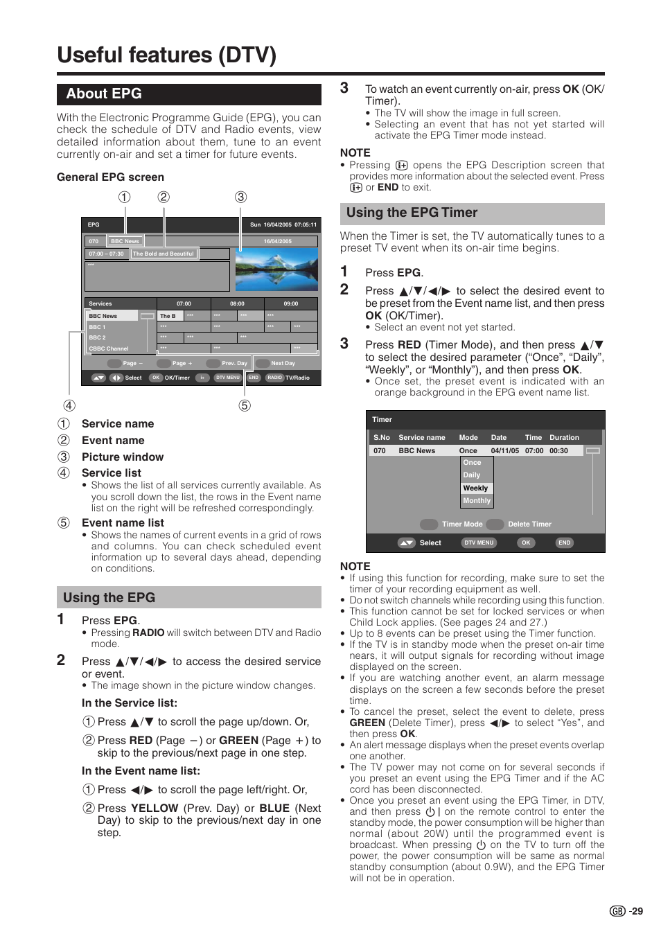 Useful features (dtv), About epg, Using the epg | Using the epg timer, Press epg, 5event name list | Sharp Aquos LC 32GD9E User Manual | Page 31 / 40
