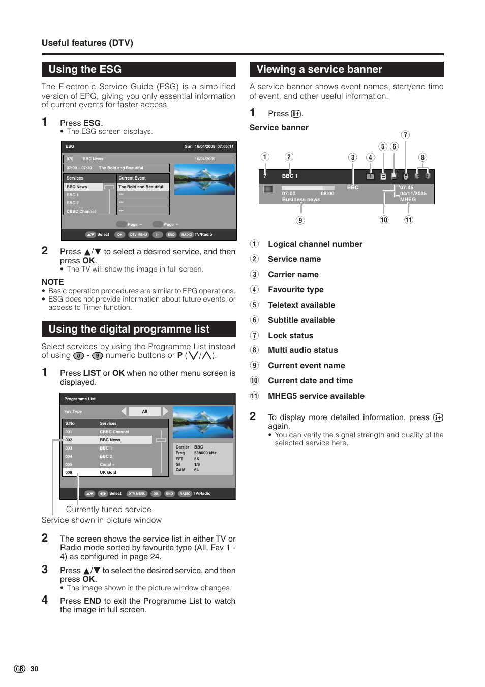 Using the esg, Using the digital programme list, Viewing a service banner | Useful features (dtv) | Sharp Aquos LC 32GD9E User Manual | Page 32 / 40