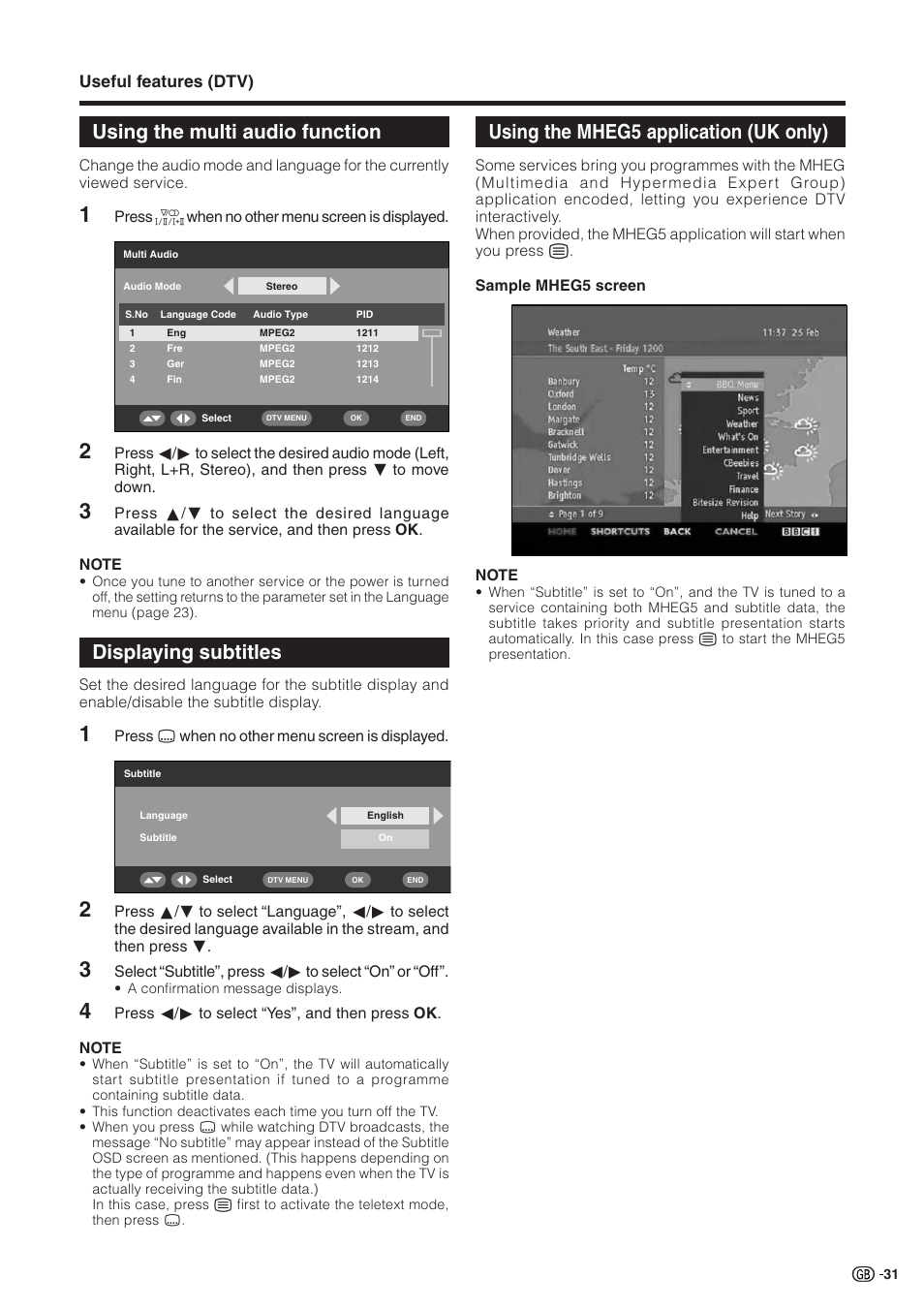 Using the multi audio function, Displaying subtitles, Using the mheg5 application (uk only) | Useful features (dtv) | Sharp Aquos LC 32GD9E User Manual | Page 33 / 40