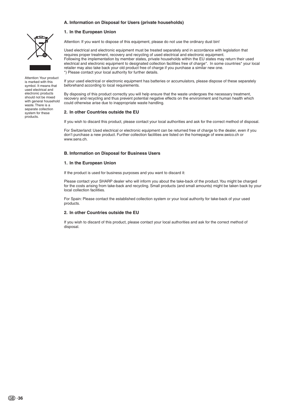 End of life disposal | Sharp Aquos LC 32GD9E User Manual | Page 38 / 40