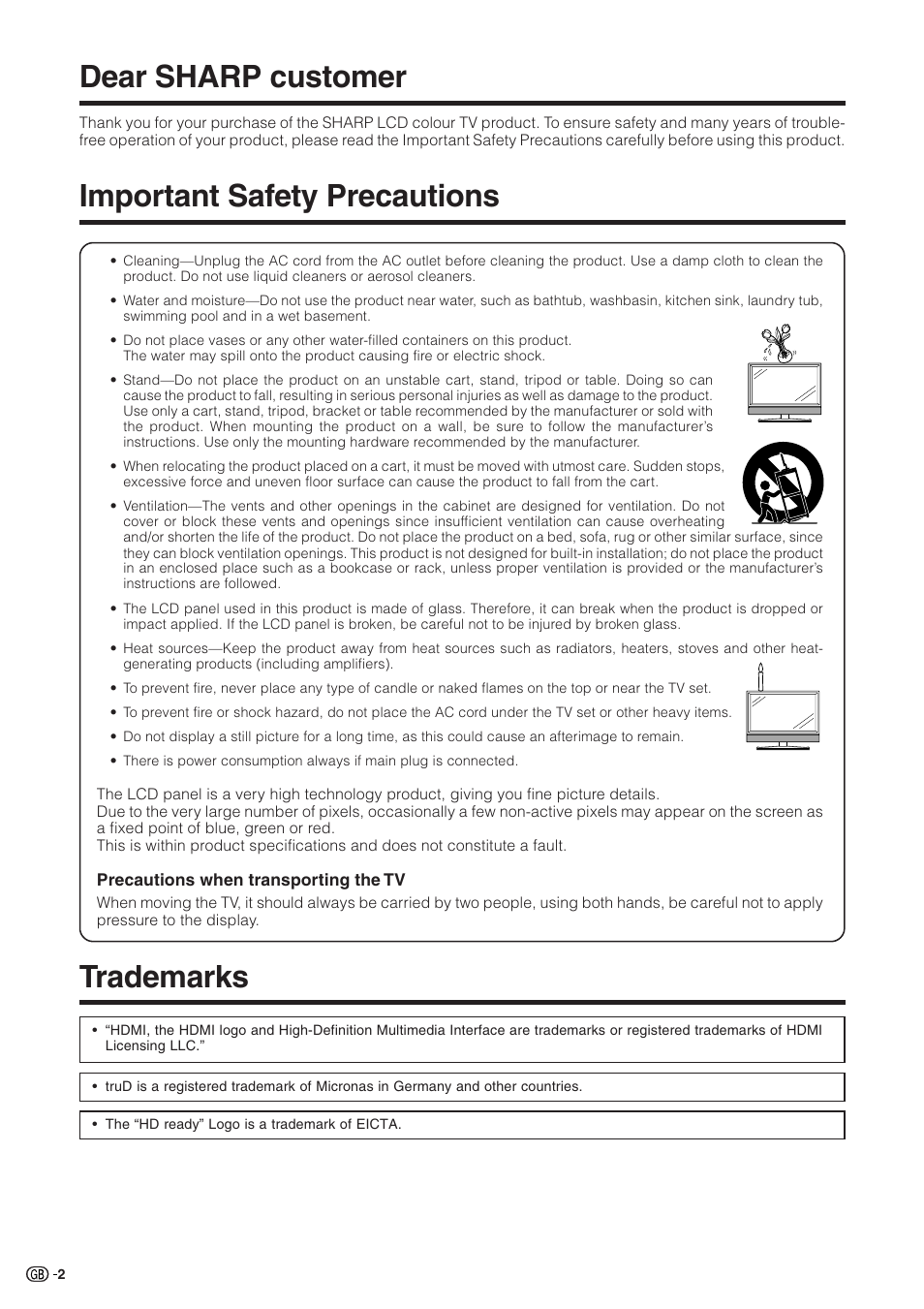 Dear sharp customer, Important safety precautions, Trademarks | Sharp Aquos LC 32GD9E User Manual | Page 4 / 40