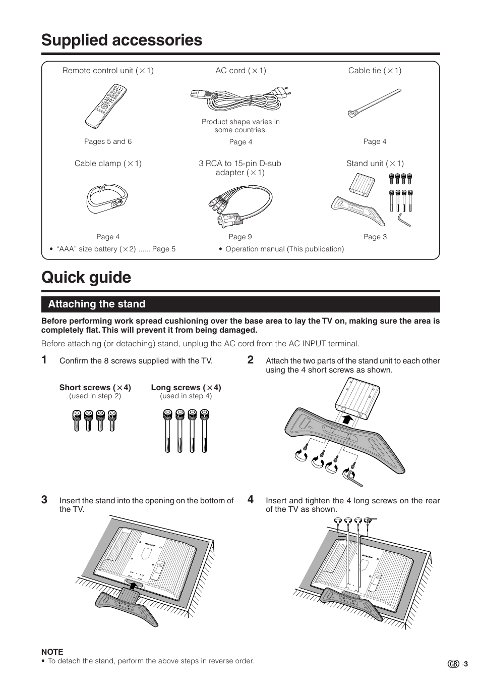 Supplied accessories, Quick guide, Attaching the stand | Supplied accessories quick guide | Sharp Aquos LC 32GD9E User Manual | Page 5 / 40