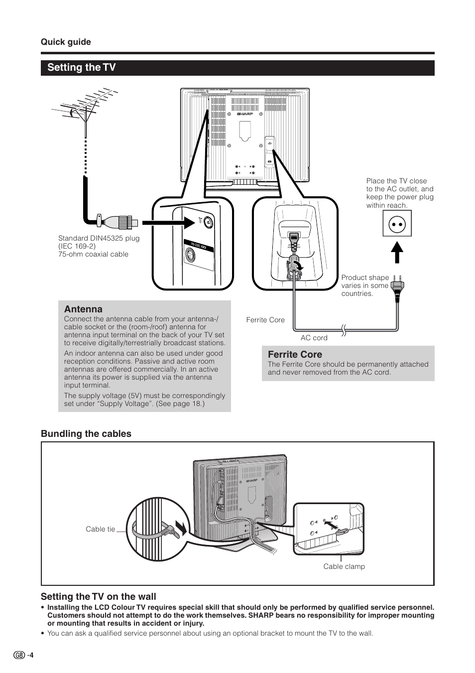 Setting the tv, Bundling the cables setting the tv on the wall, Antenna | Ferrite core | Sharp Aquos LC 32GD9E User Manual | Page 6 / 40