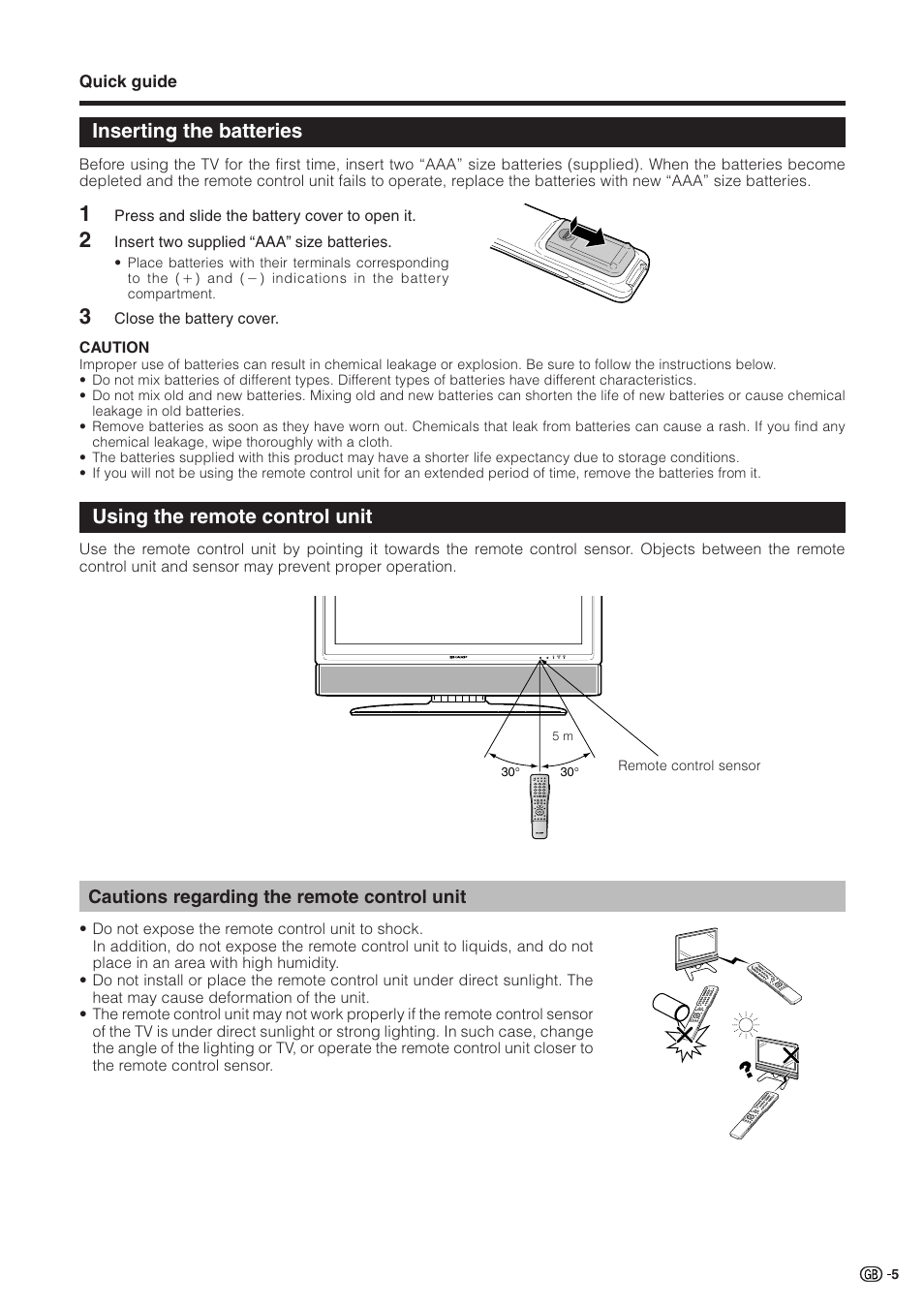 Inserting the batteries, Using the remote control unit, Cautions regarding the remote control unit | Sharp Aquos LC 32GD9E User Manual | Page 7 / 40