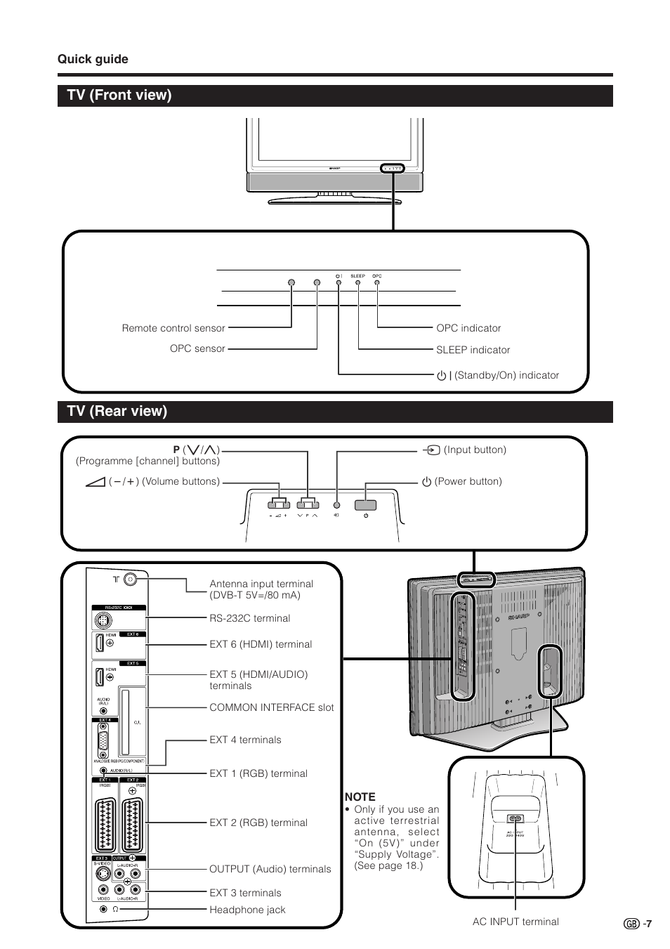 Tv (front view), Tv (rear view) | Sharp Aquos LC 32GD9E User Manual | Page 9 / 40