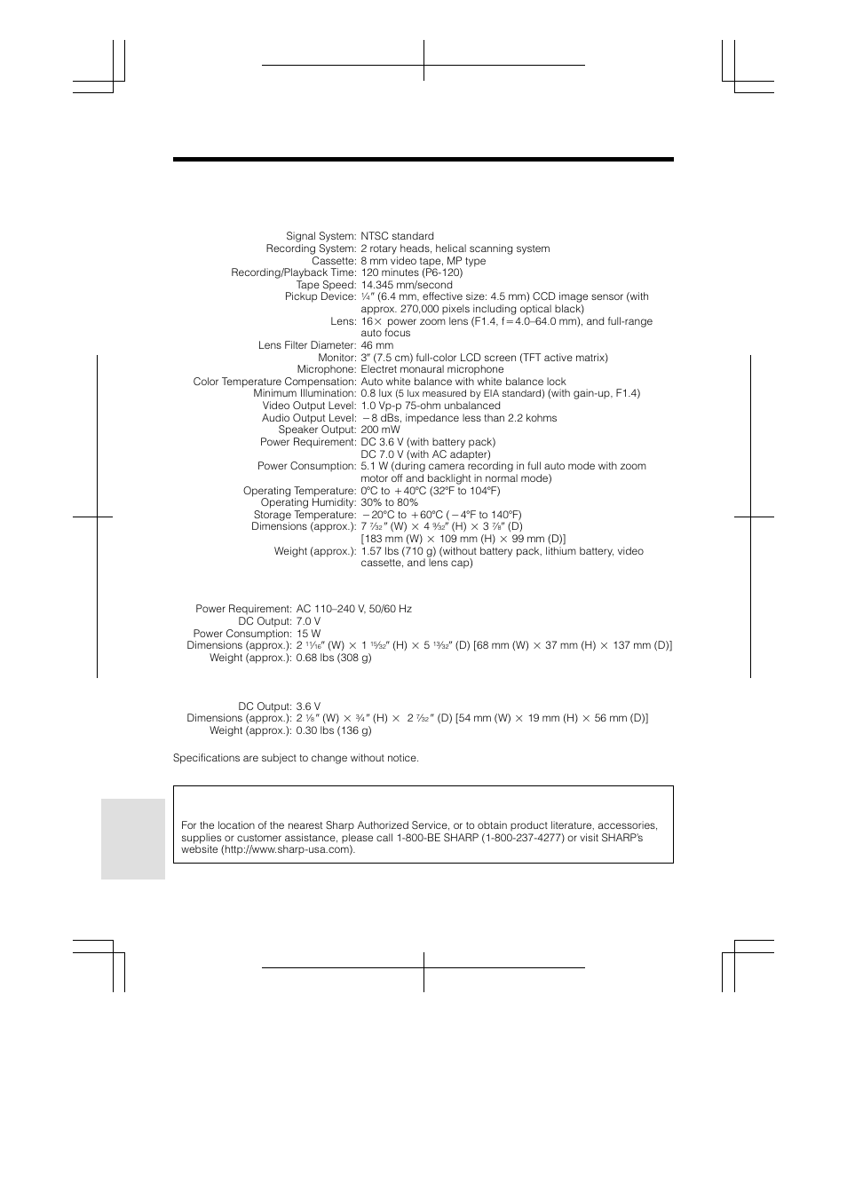 Specifications, Service information, References | For the u.s.) | Sharp VL-A110U User Manual | Page 66 / 72