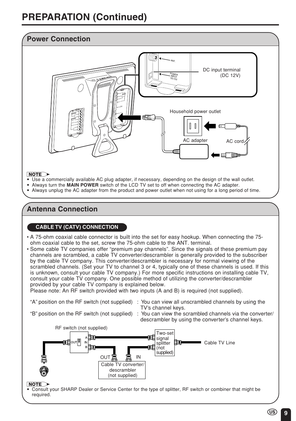 Preparation (continued), Power connection, Antenna connection | Sharp Aquos LC 15E1U User Manual | Page 10 / 49