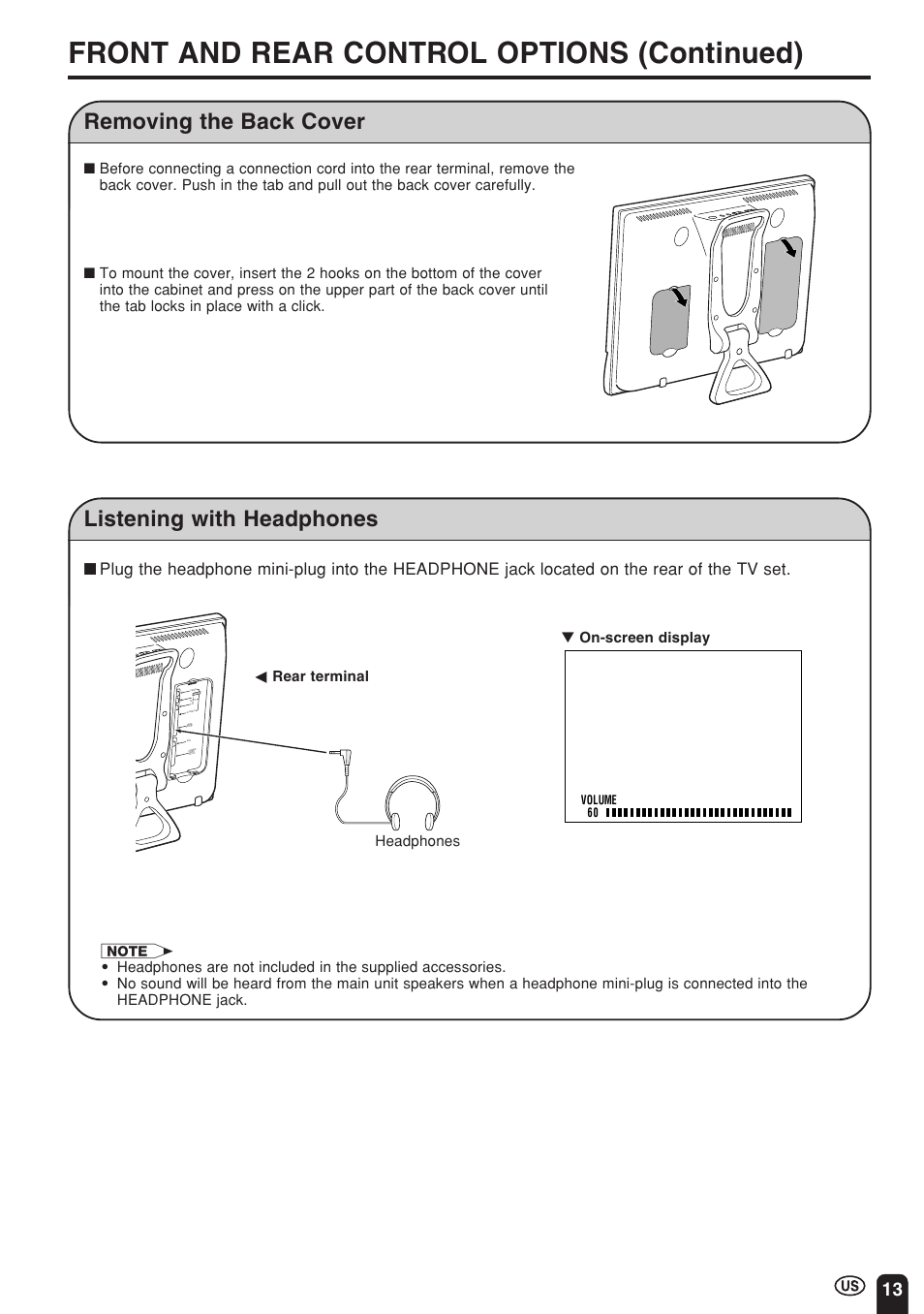 Front and rear control options (continued), Listening with headphones, Removing the back cover | C rear terminal | Sharp Aquos LC 15E1U User Manual | Page 14 / 49