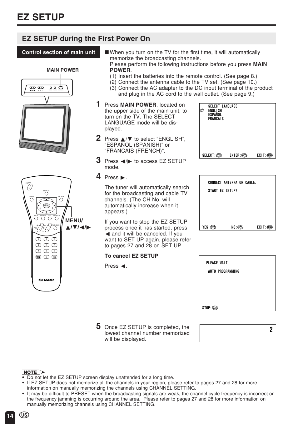 Ez setup, Ez setup during the first power on, Press c/d to access ez setup mode | Sharp Aquos LC 15E1U User Manual | Page 15 / 49