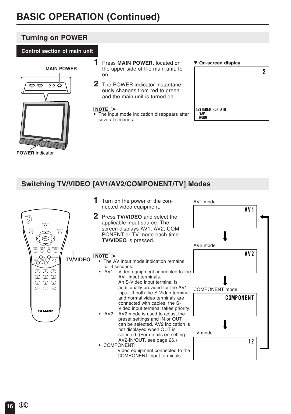 Basic operation (continued), Turning on power, Switching tv/video [av1/av2/component/tv] modes | Sharp Aquos LC 15E1U User Manual | Page 17 / 49