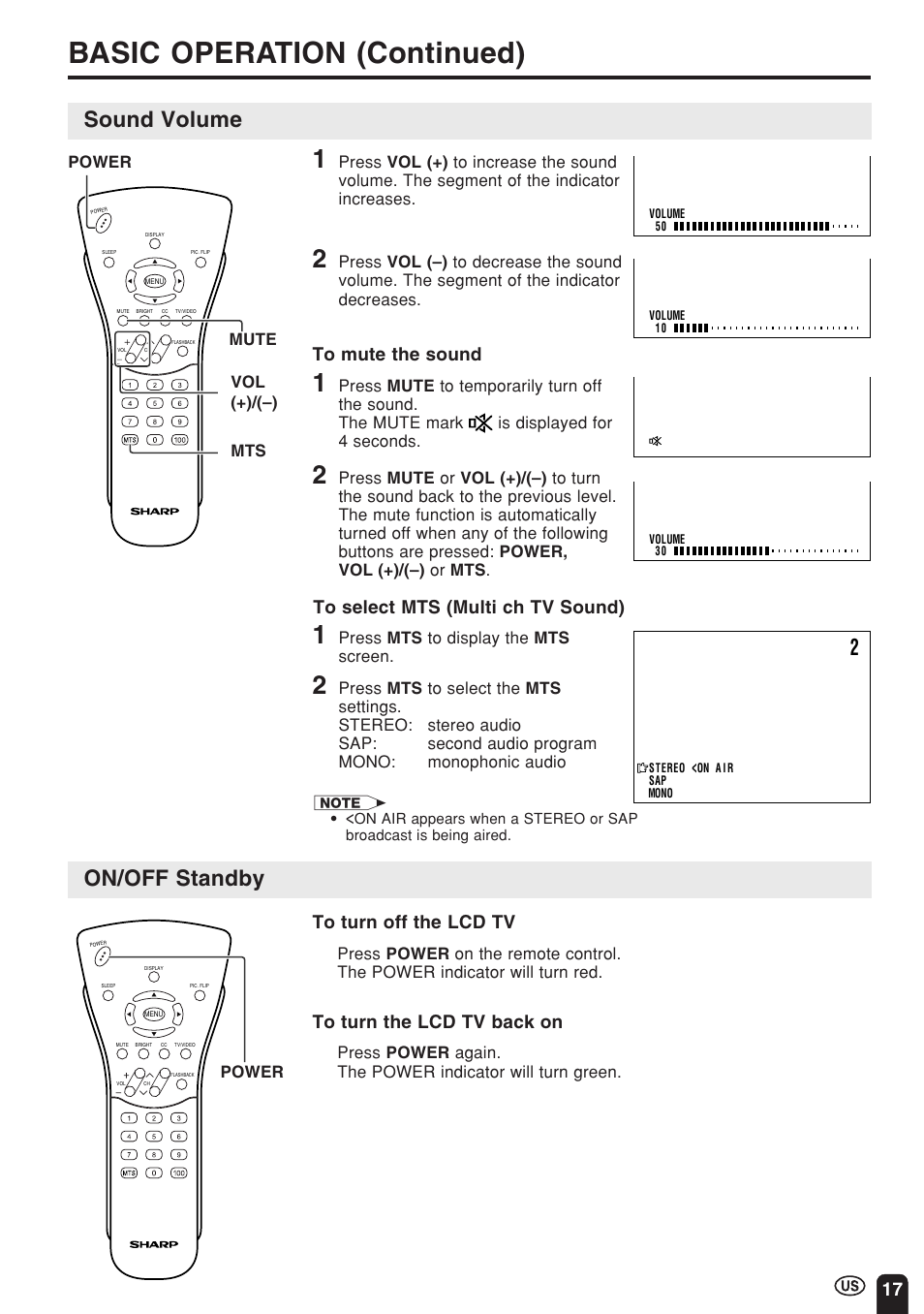 Basic operation (continued), Sound volume on/off standby | Sharp Aquos LC 15E1U User Manual | Page 18 / 49