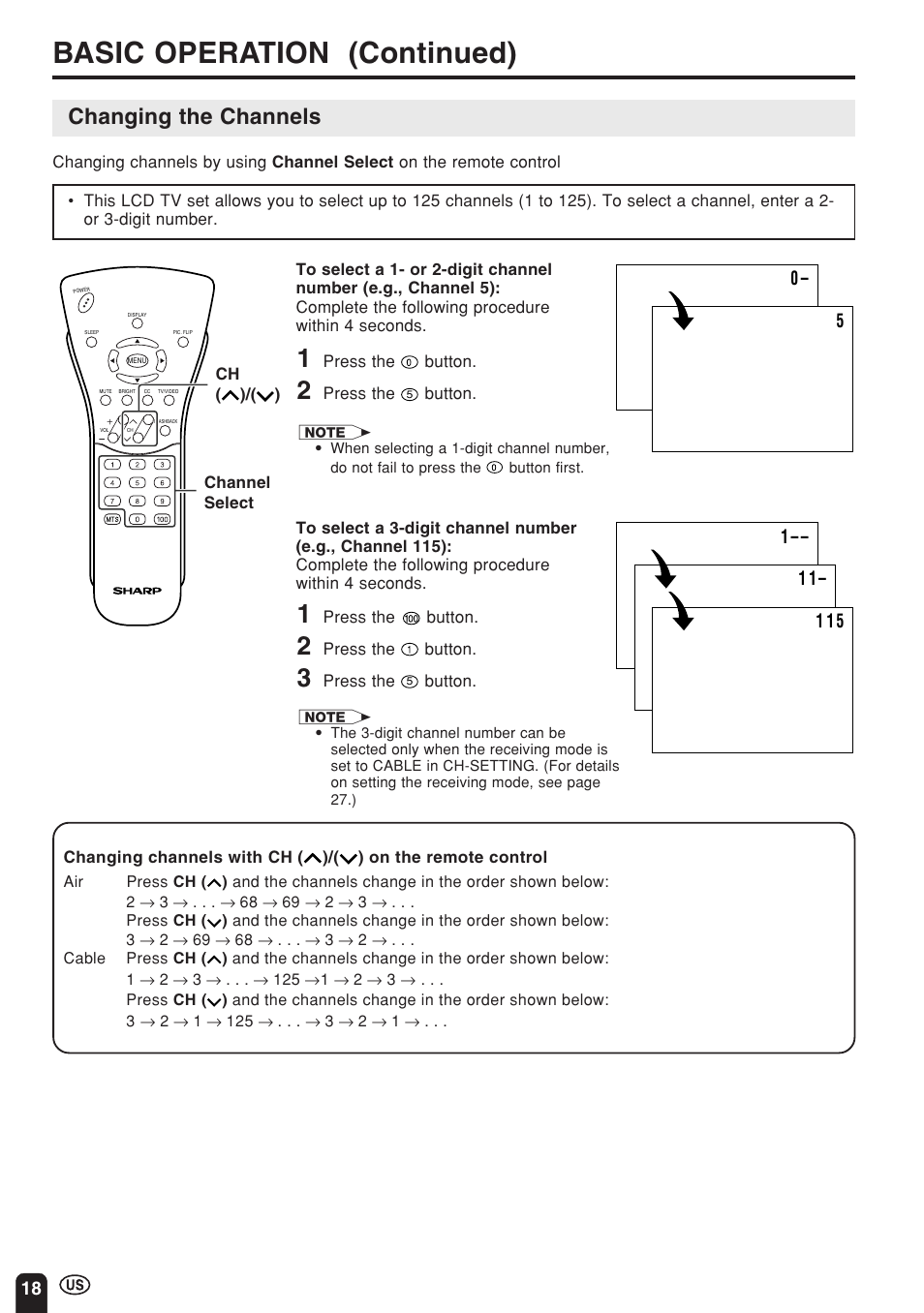 Basic operation (continued), Changing the channels | Sharp Aquos LC 15E1U User Manual | Page 19 / 49
