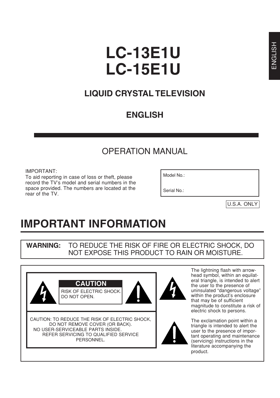 Important information, Liquid crystal television operation manual english | Sharp Aquos LC 15E1U User Manual | Page 2 / 49