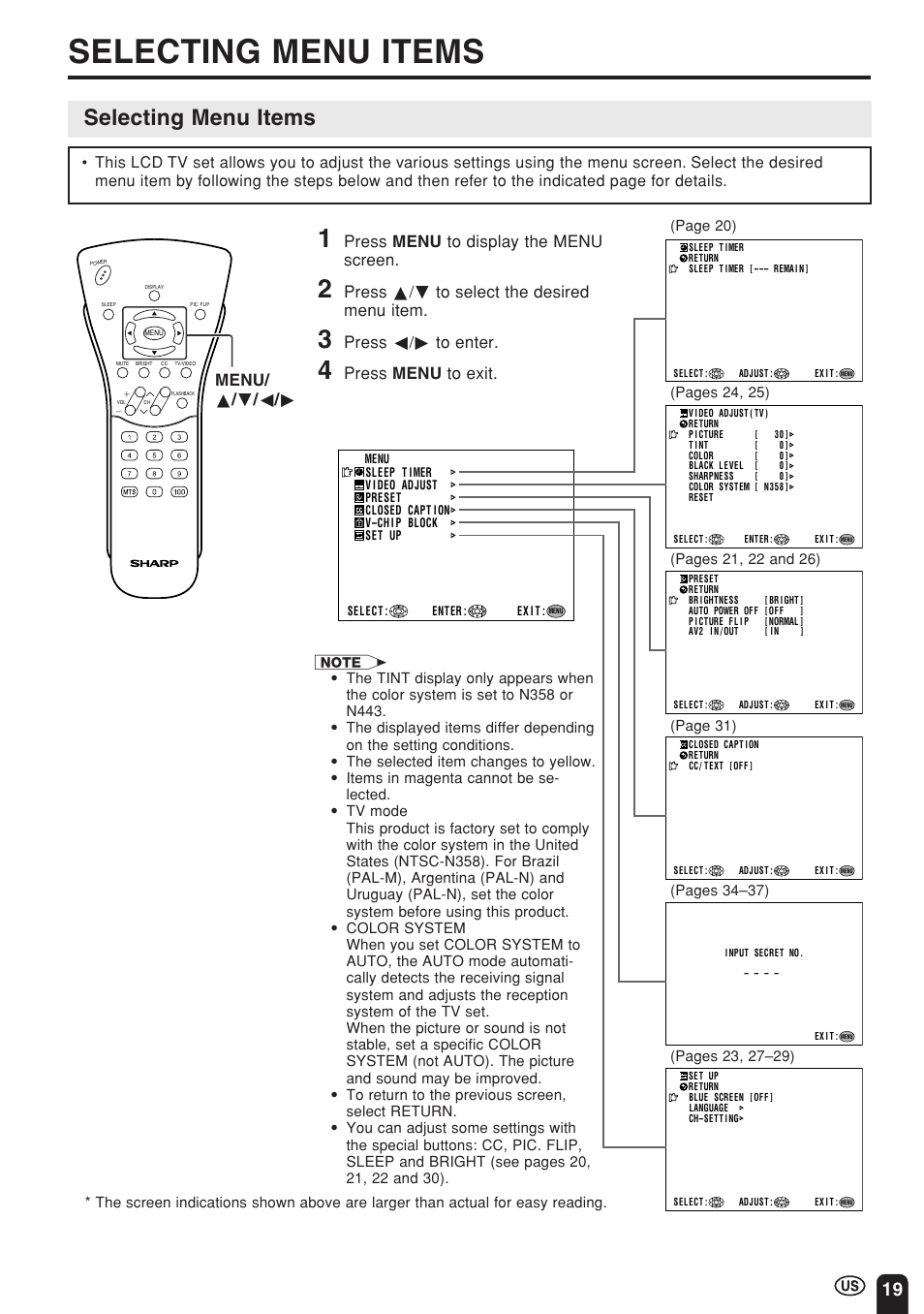 Selecting menu items, Press menu to display the menu screen, Press a/b to select the desired menu item | Press c/d to enter, Press menu to exit, Menu/ a / b / c / d | Sharp Aquos LC 15E1U User Manual | Page 20 / 49