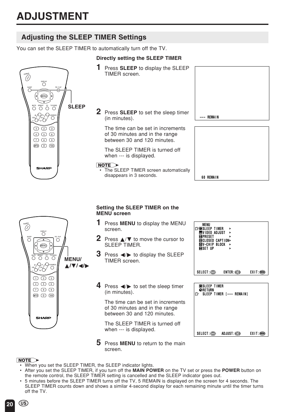 Adjustment, Adjusting the sleep timer settings | Sharp Aquos LC 15E1U User Manual | Page 21 / 49