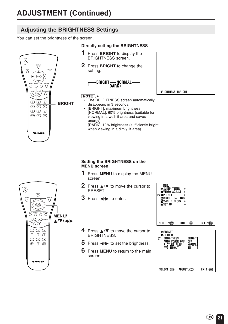 Adjustment (continued), Adjusting the brightness settings | Sharp Aquos LC 15E1U User Manual | Page 22 / 49