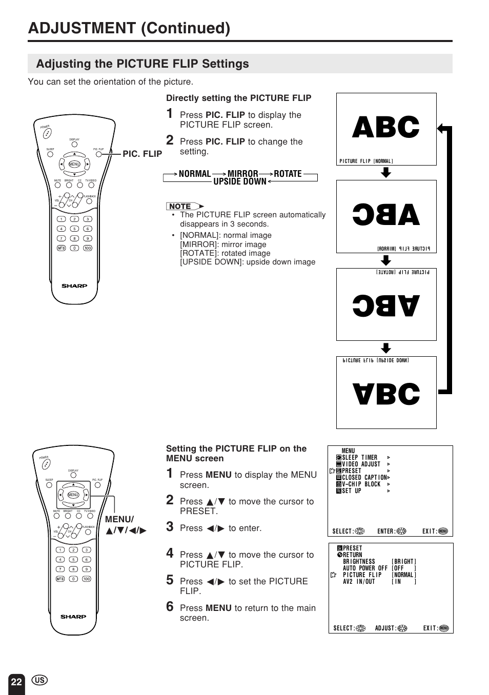 Adjustment (continued), Adjusting the picture flip settings | Sharp Aquos LC 15E1U User Manual | Page 23 / 49