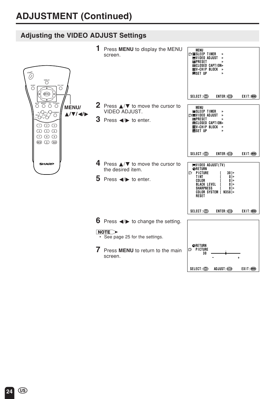 Adjustment (continued), Adjusting the video adjust settings | Sharp Aquos LC 15E1U User Manual | Page 25 / 49