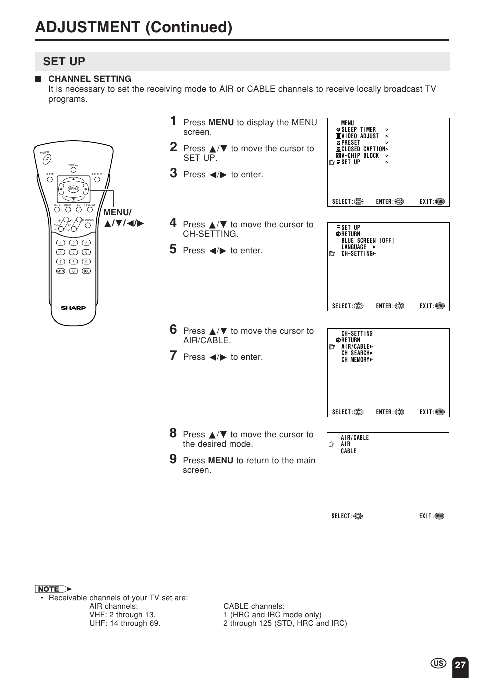 Adjustment (continued), Set up | Sharp Aquos LC 15E1U User Manual | Page 28 / 49
