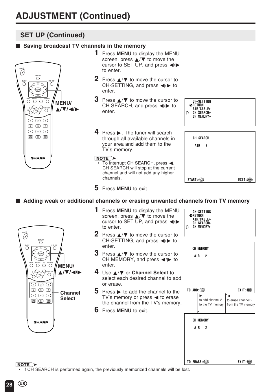 Adjustment (continued), Set up (continued) | Sharp Aquos LC 15E1U User Manual | Page 29 / 49