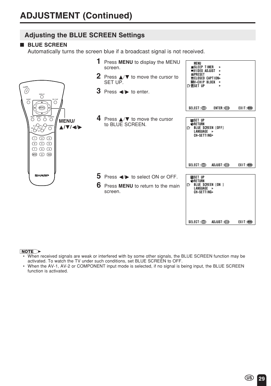 Adjustment (continued), Adjusting the blue screen settings | Sharp Aquos LC 15E1U User Manual | Page 30 / 49